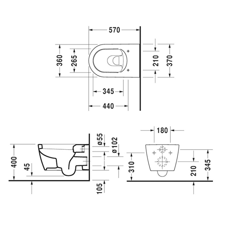 Duravit ME by Starck Унитаз подвесной с вертикальным смывом, вкл. крепление Durafix, 370x570 мм., цвет внутри белый, снаружи белый шелковисто-матовый