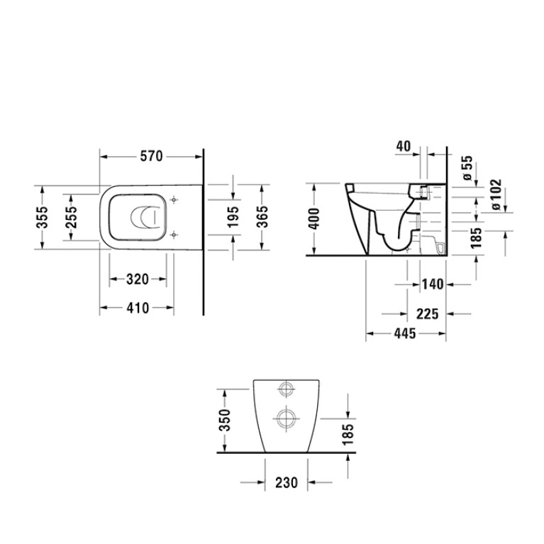 DURAVIT HAPPY D.2 Унитаз напольный 570х365 мм., пристенный вариант, для независимого подключения воды, включая крепление, HygieneGlaze, цвет белый