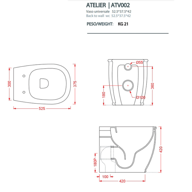 Artceram ATELIER Унитаз напольный, 52х37хh42см, безободковый, слив универсальный, с крепежом, цвет: черный матовый