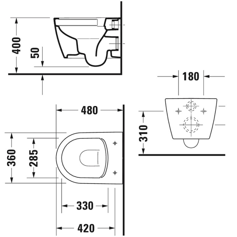 Duravit ME by Starck Унитаз подвесной укороченный Rimless 370x480мм,  вкл. крепление Durafix,  4,5л., 370x480мм, белый