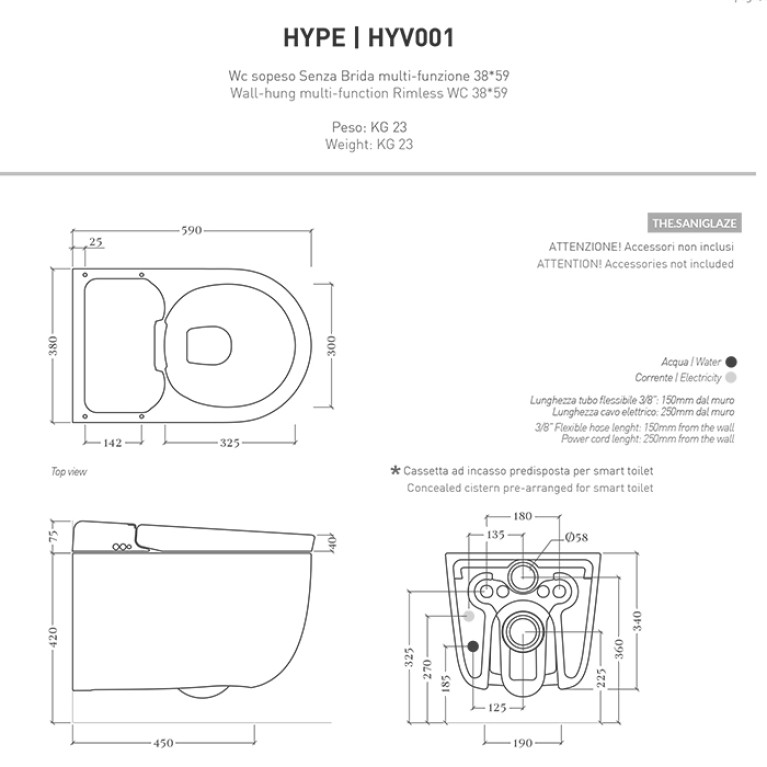 Artceram HYPE Унитаз-биде подвесной 38X59см, безободковый, с soft-close, с пультом управл, цвет белый с покрытием saniglaze (АКЦИЯ 2026!)