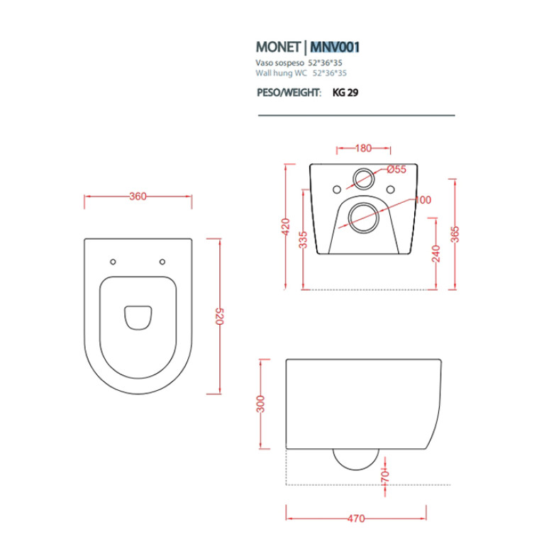 Artceram MONET Унитаз подвесной Rimless 36х52 см, цвет белый глянцевый