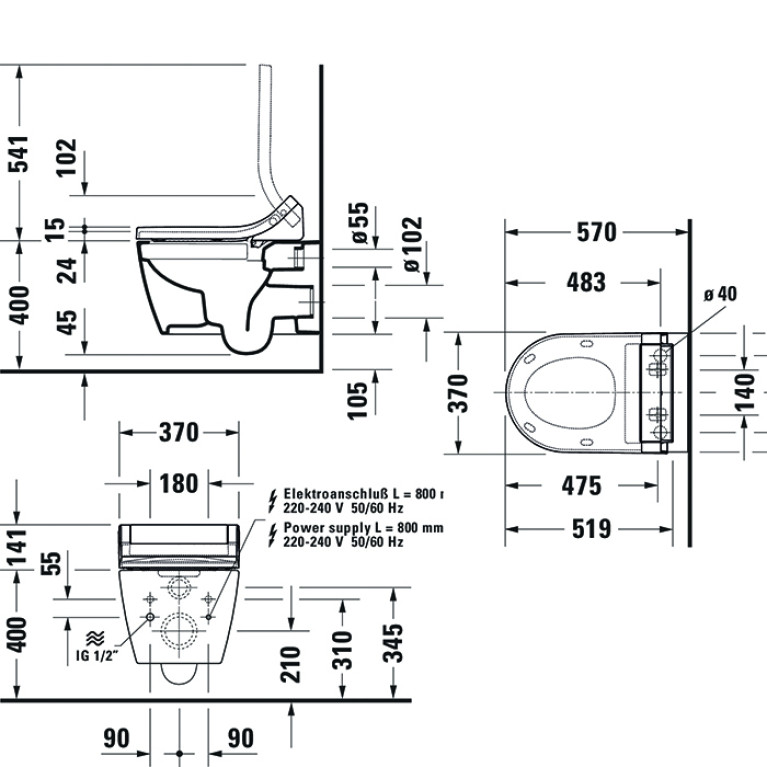 DURAVIT Me by Starck Унитаз подвесной безободковый 570х370 мм,  для крышки-биде Sensowash, с креплением, цвет белый