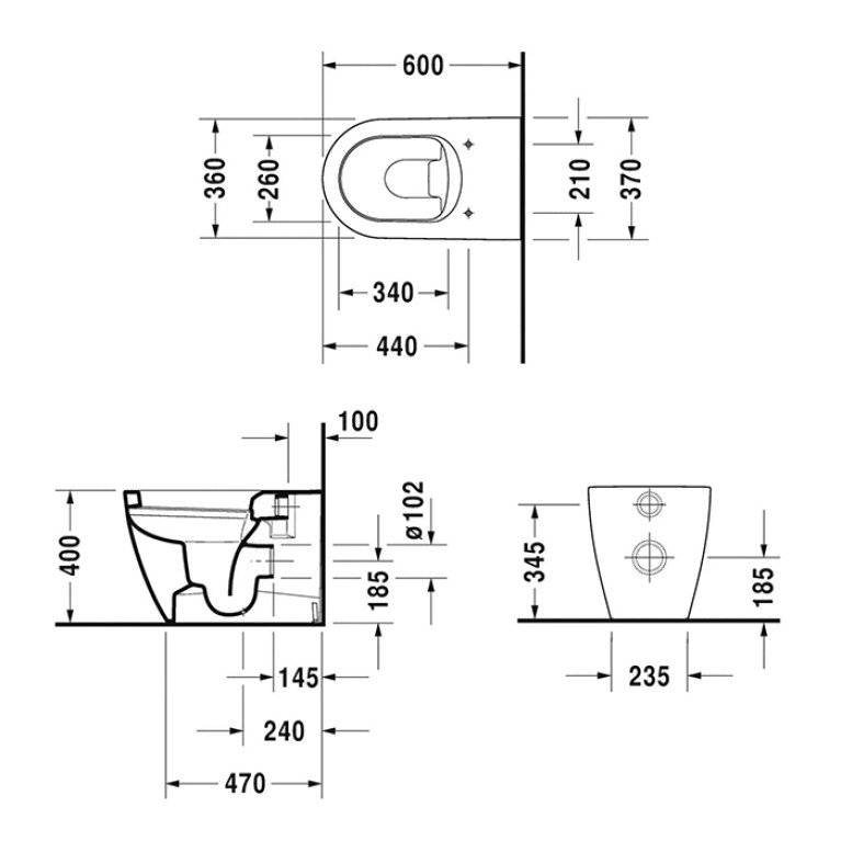 Duravit Soleil by Starck Унитаз напольный  370х600мм, безободковый, слив универсальный,  Wei&szlig; Hochglanz, HyG, цвет белый