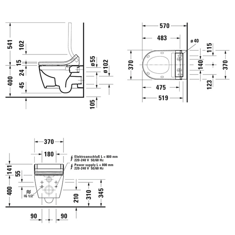 Duravit ME by Starck SensoWash Унитаз подвесной Rimless  без смывного края,  вкл. крепление, цвет белый, с HygieneGlaze (Спец.цена из наличия)