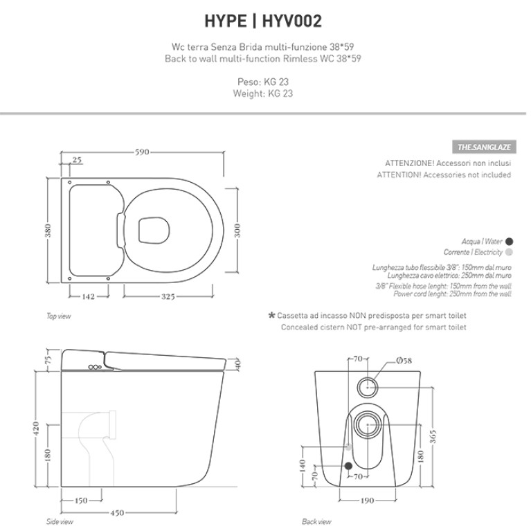 Artceram HYPE Унитаз-биде напольный 38X59см, безободковый, с soft-close, с пультом управл, цвет белый с покр Saniglaze (АКЦИЯ 2026!)