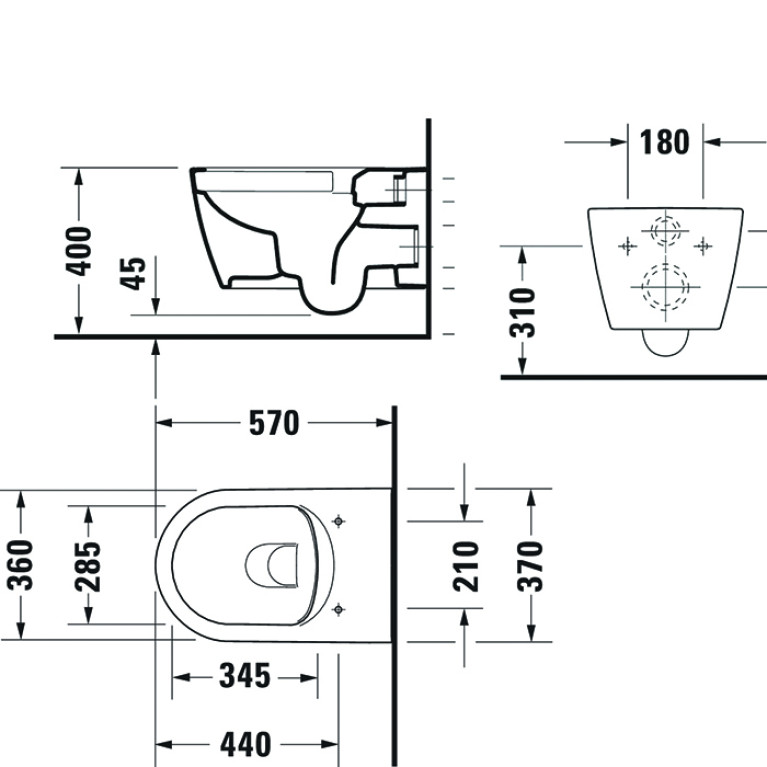 Duravit ME by Starck Унитаз подвесной Rimless с креплением Durafix,  4,5л. с HygieneGlaze, 370x570мм, Цвет белый