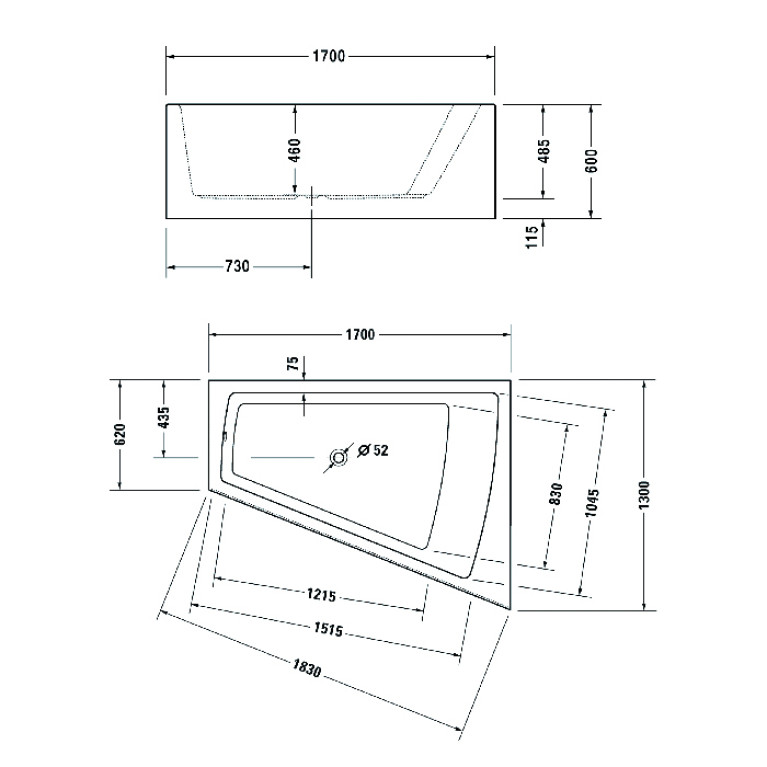 Duravit Ванна Paiova 170x130 угол справа. с акриловой панелью и ножками цв.белый