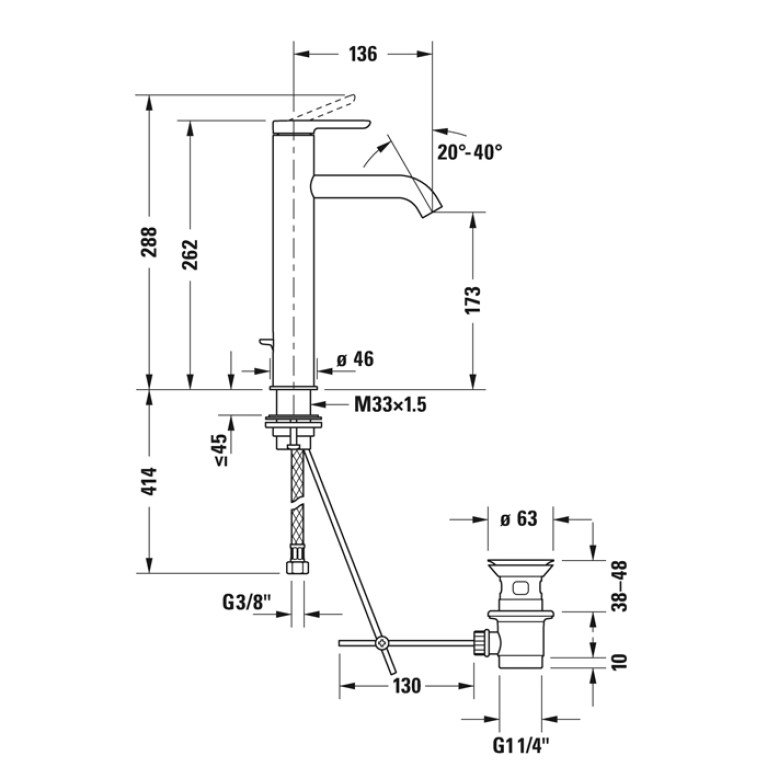 Duravit C.1 Смеситель для раковины на 1 отв. высокий h=262 мм, с донным клапаном, излив 136мм, цвет: хром