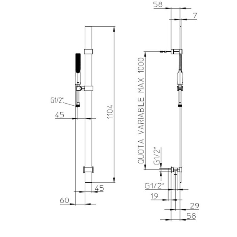 BOSSINI APICE Душевая штанга FLAT из латуни 110 см..,душевая лейка ,шланг Cromolux 150 см, цвет черный матовый