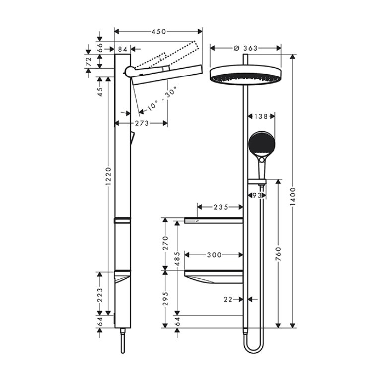 HG Showerpipe Душевая система 1jet (верхний душ, штанга, ручной душ, полочки), цвет: хром