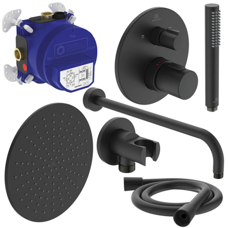 Ideal Standard Ceratherm T100 Душ комплект: встроен. термостат+наруж. часть с перекл.,  руч душ, верх. душ: 300 мм+штанга: 400 мм цвет: чёрный матовый