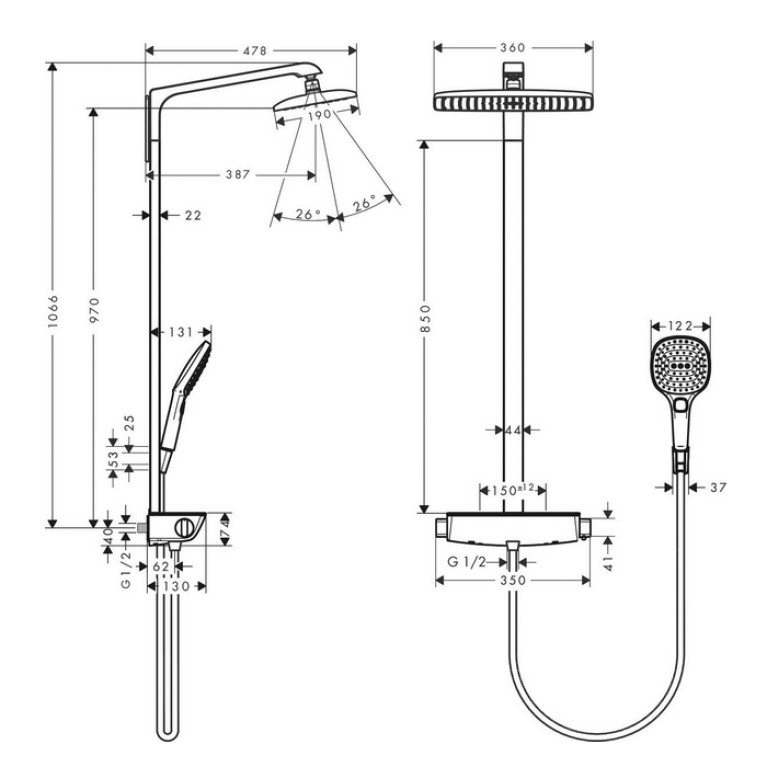 HG Raindance E Душевая система Showerpipe: верх.душ 360х190мм 1jet, ручн.душ, шланг, термостат для душа, EcoSmart, цвет: хром