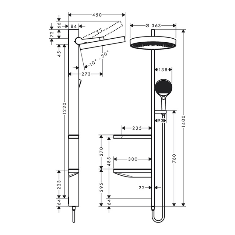 HG Showerpipe Душевая система 1jet (верхний душ, штанга, ручной душ, полочки), цвет: белый матовый