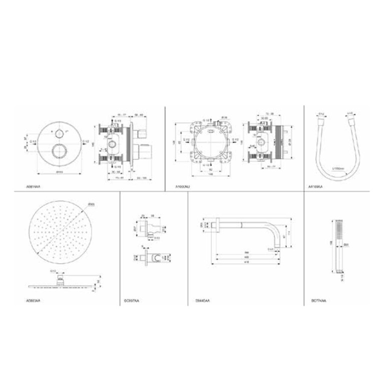 Ideal Standard Ceratherm T100 Душ комплект: встроен. термостат+наруж. часть с перекл.,  руч душ, верх. душ: 300 мм+штанга: 400 мм цвет: чёрный матовый
