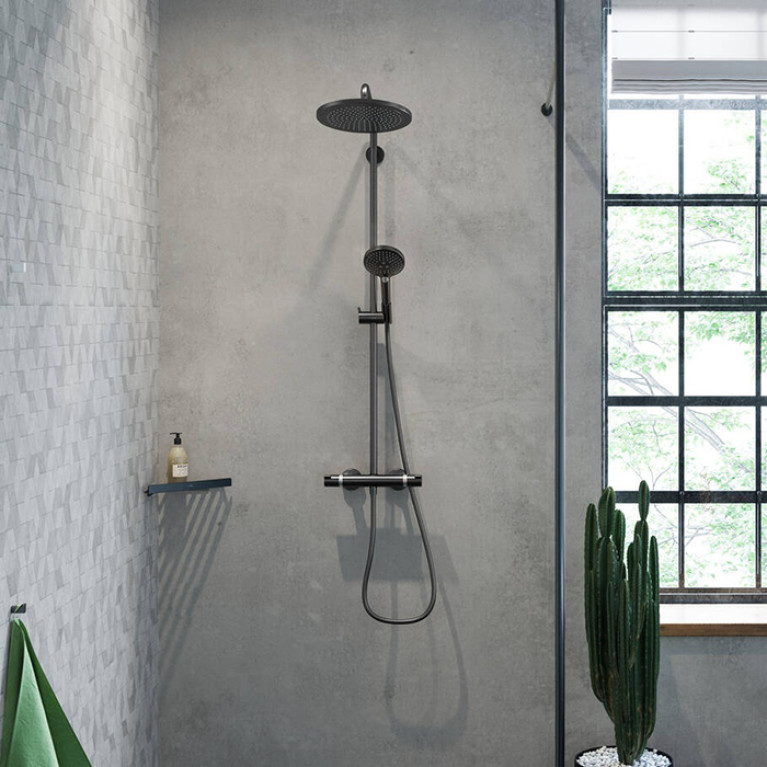 HG Croma Select S Showerpipe 280 1jet EcoSmart 9 л/мин с термостатом и ручным душем Raindance Select S 120 3jet, цвет матовый черный