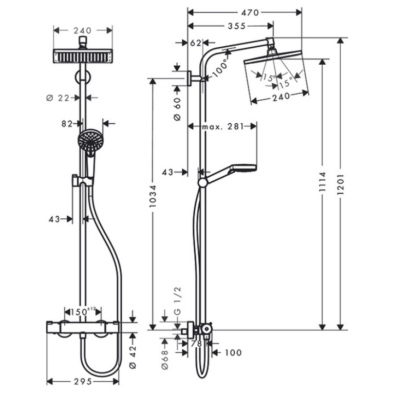 HG Crometta Showerpipe E 240: термостат для душа, стойка с верхним душем 240х240мм, ручной душ со шлангом 160мм, цвет хром
