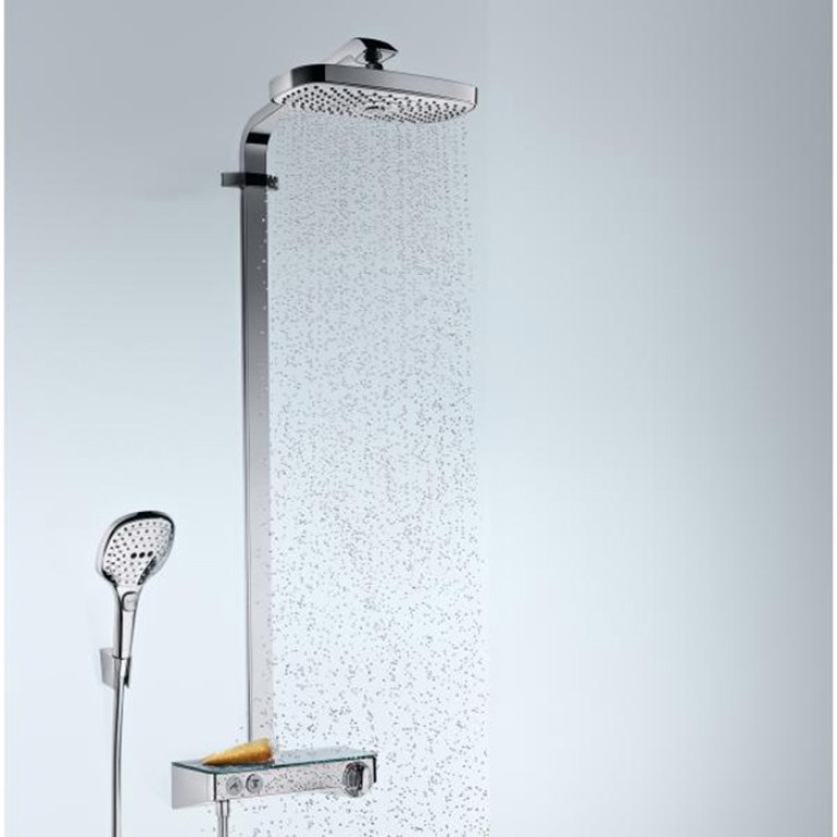 HG Raindance Select E Душевая система Showerpipe: верх.душ 300 2jet, ручн.душ, шланг, термостат с полочкой, цвет: белый/хром