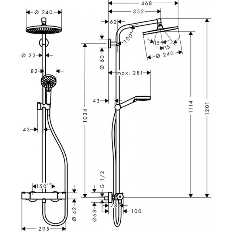 HG Crometta S Душевая система Showerpipe: верх.душ 240 1jet, ручн.душ, шланг, смеситель для душа, EcoSmart, цвет: хром