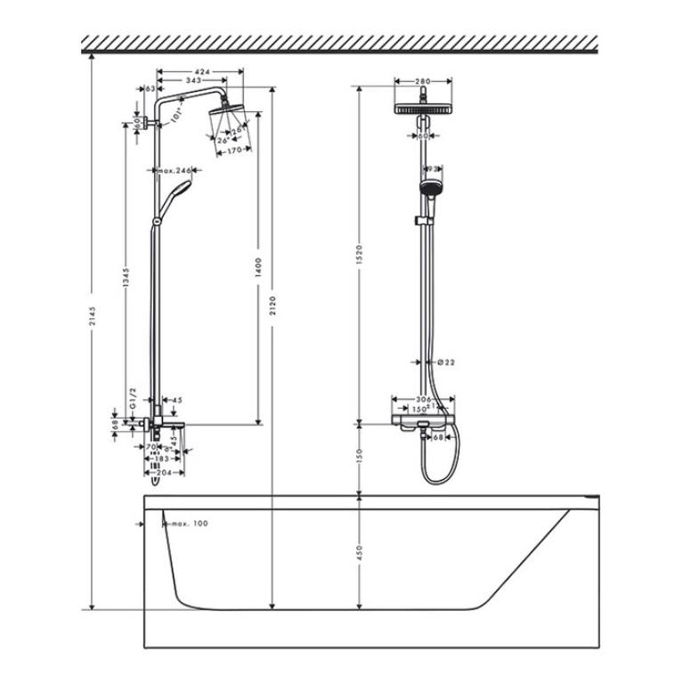 HG Croma E 280 1jet Душевая система Showerpipe с термостатом для ванны, хром