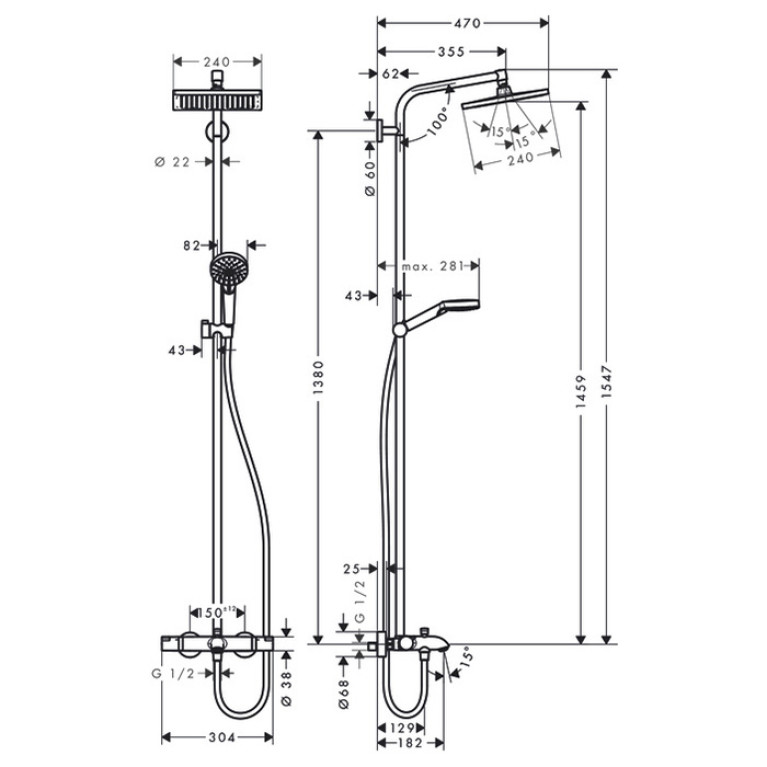HG Crometta Showerpipe E 240: термостат для ванны, стойка с верхним душем 240х240мм, ручной душ со шлангом 160мм, цвет хром (Спеццена из наличия)