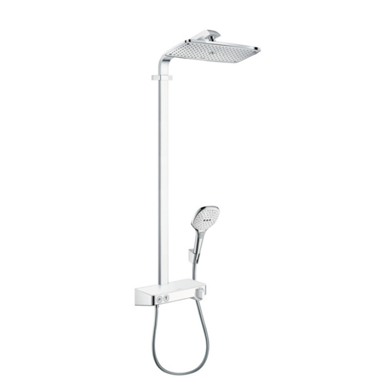 HG Raindance E Душевая система Showerpipe: верх.душ 360х190мм 1jet, ручн.душ, шланг, термостат для душа, цвет: белый/хром