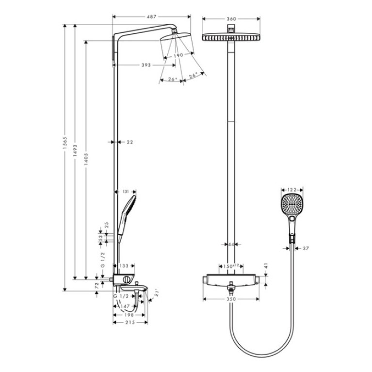 HG Raindance E Душевая система Showerpipe: верх.душ 360 2jet, ручн.душ, шланг, термостат для ванны с полочкой, излив 198мм, цвет: хром