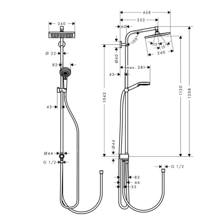 HG Crometta E 240 1jet Showerpipe Reno Душевая стойка (без смесителя), верхний душ: d240 мм, ручной душ: Crometta Vario + шланг 150 см, цвет: хром