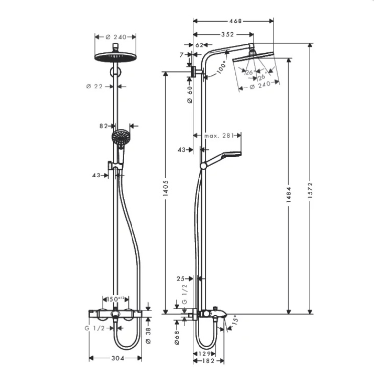 HG Crometta Showerpipe S 240: термостат для ванны, стойка с верхним душем 240мм, ручной душ со шлангом 160мм, цвет хром