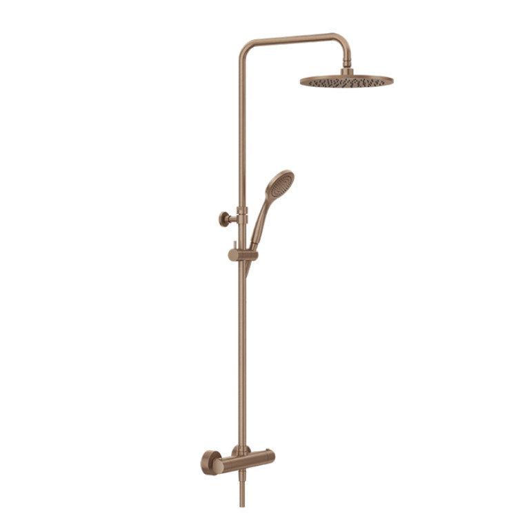 GESSI MINIMALISTIC SHOWER Душевая стойка с термостатическим смесителем, верхним душем &Oslash;250 мм, ручным душем и шлангом 1500 мм, цвет Copper Brushed PVD