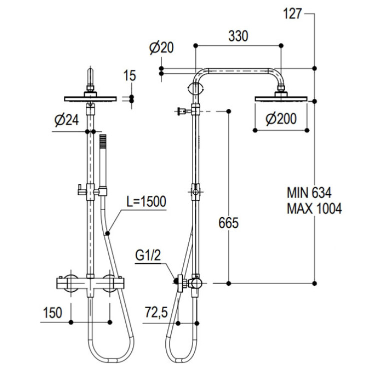 Ritmonio Shower column sets Душевая стойка, с термостатическим смесителем  верхним душем из латуни D-200мм, ручным душем D-24мм, цвет: Brushed