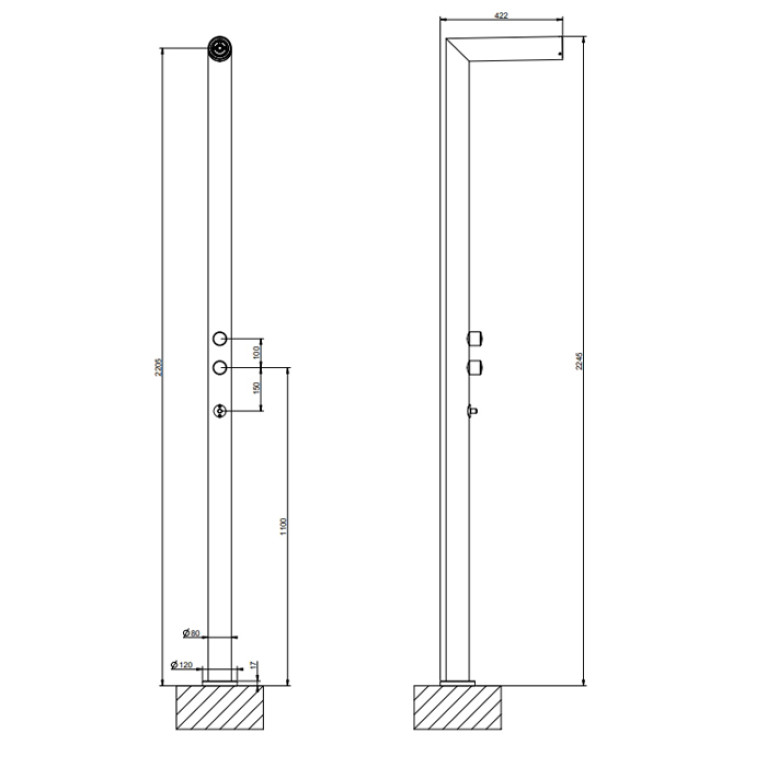 GESSI OUTDOOR Душевая стойка для установки на улице, напольная, на 2 выхода, без ручек, ручного душа и верхнего душа, внешняя часть, цвет Black XL