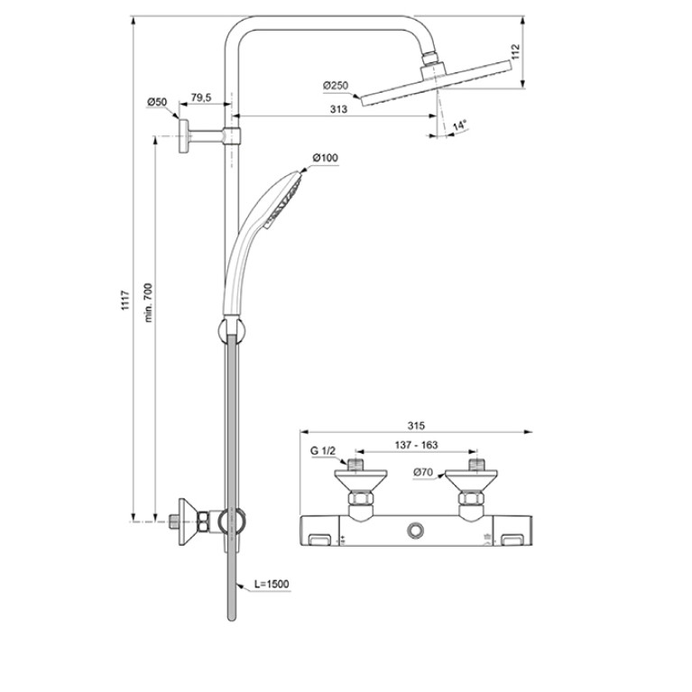 Ideal Standard Ceratherm T25 Душевая система с термостатом и ручным душем, корпус Coolbody, руч. душ: 3 режима, верх. душ: 200 мм, цвет: хром