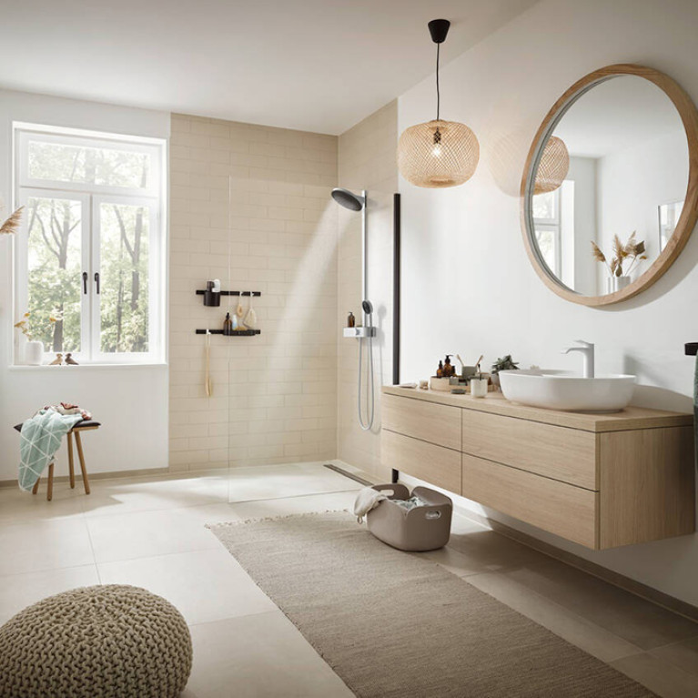 HANSGROHE PULSIFY Душевая стойка с термостатическим смесителем, верхним душем &Oslash;260 мм с 2 режимами, ручным душем и шлангом, цвет хром