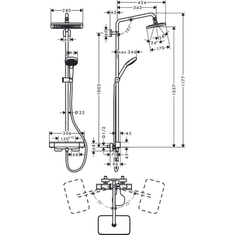 HG Croma E 280 1jet Душевая система Showerpipe с термостатом для душа, хром