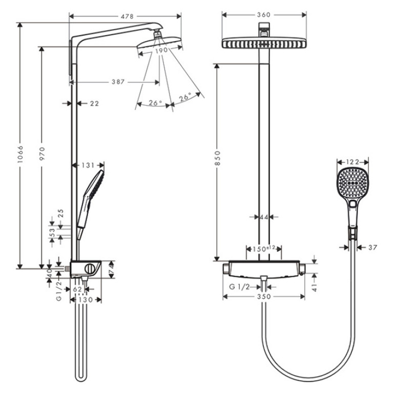 HG Raindance Select 360 Showerpipe Душевая стойка с верхним душем: 360x190 мм, и ручным душем, термостат, цвет: хром