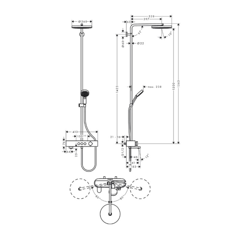 HG Pulsify S Showerpipe 260 1jet с термостатом для ванны ShowerTablet 400, цвет хром