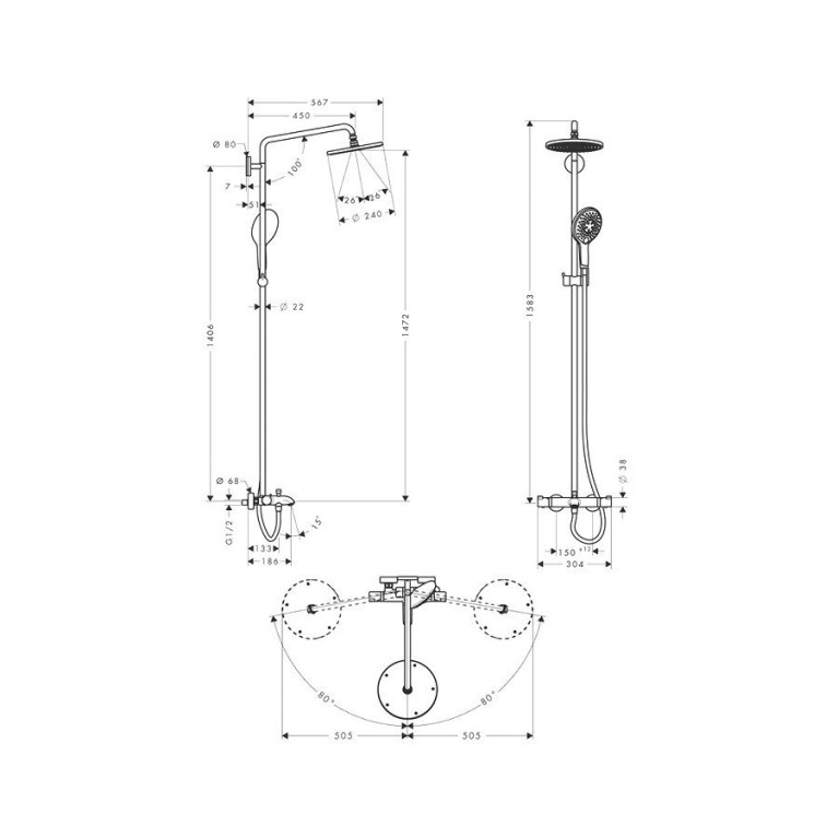 HG Raindance S Душевая система Showerpipe: верх.душ 240 1jet, ручн.душ, шланг, термостат для ванны с полочкой, излив 186мм, цвет: хром