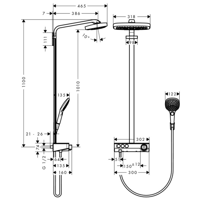 HG Raindance Select E Душевая система Showerpipe: верх.душ 300 3jet, ручн.душ, шланг, термостат с полочкой, цвет: хром