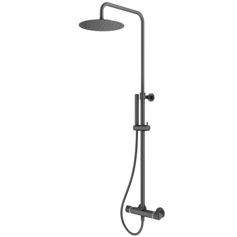 Plumberia Selection IXO Душевая колонна телескоп. терм., поворотная, верх.душ из нерж.стали 250мм,руч.душ 1 режим., шланг 150мм,графит