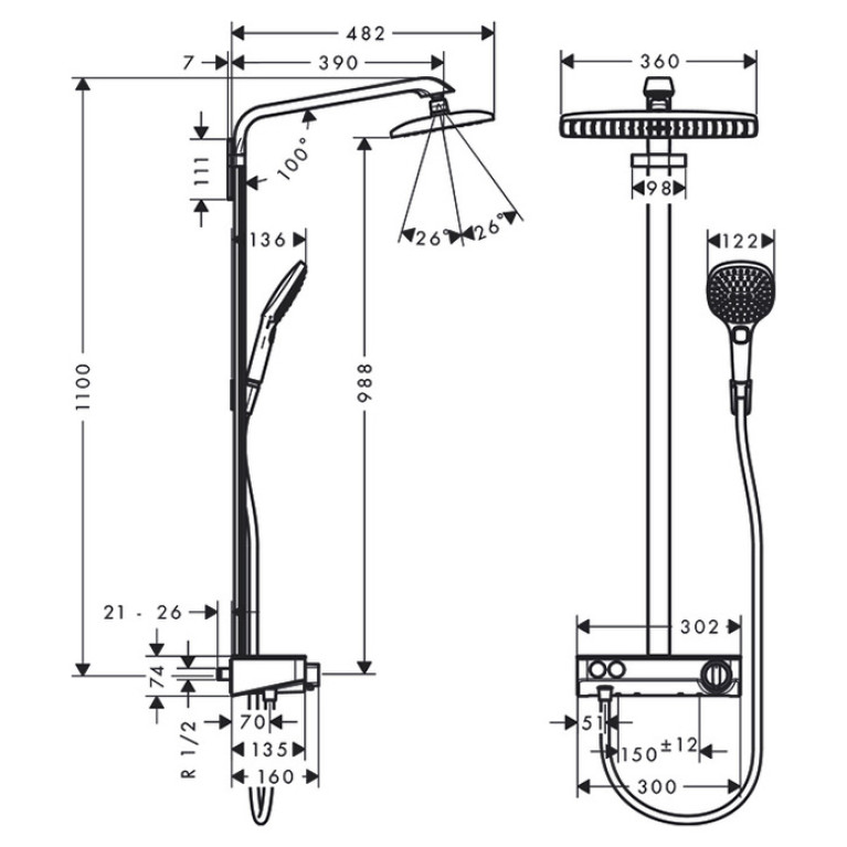 HG Raindance E Душевая система Showerpipe: верх.душ 360х190мм 1jet, ручн.душ, шланг, термостат для душа, цвет: хром