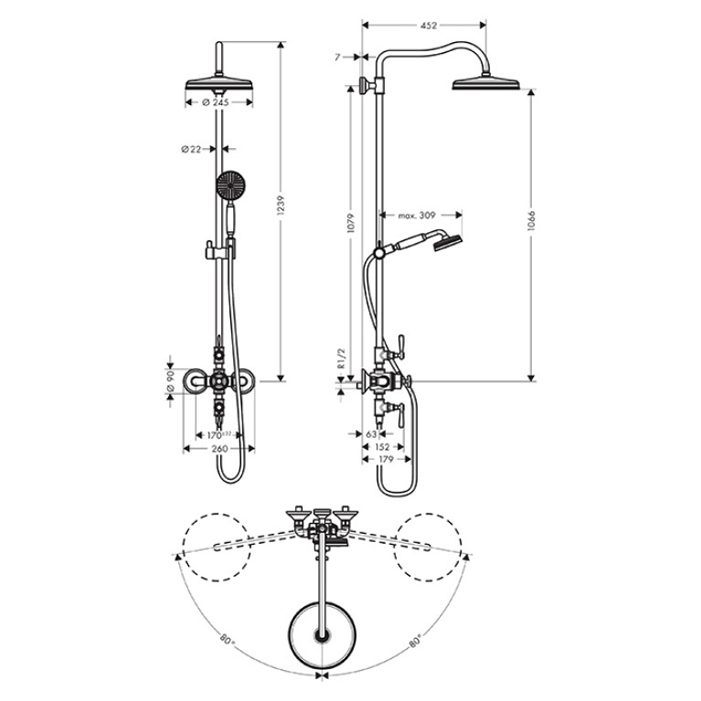 Axor Montreux Showerpipe Душевая стойка с термостатом и верхним душем 1jet, душ: d240 мм, шлангом и ручным душем, цвет: шлифованное золото