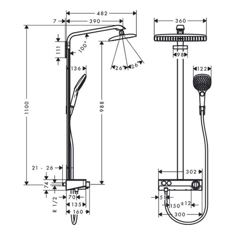 HG Raindance E Душевая система Showerpipe: верх.душ 360х190мм 1jet, ручн.душ, шланг, термостат для душа, цвет: белый/хром