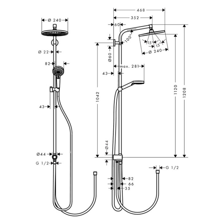 HG Crometta S Душевая система Showerpipe: верх.душ 240 1jet, ручн.душ, шланг, EcoSmart, цвет: белый/хром