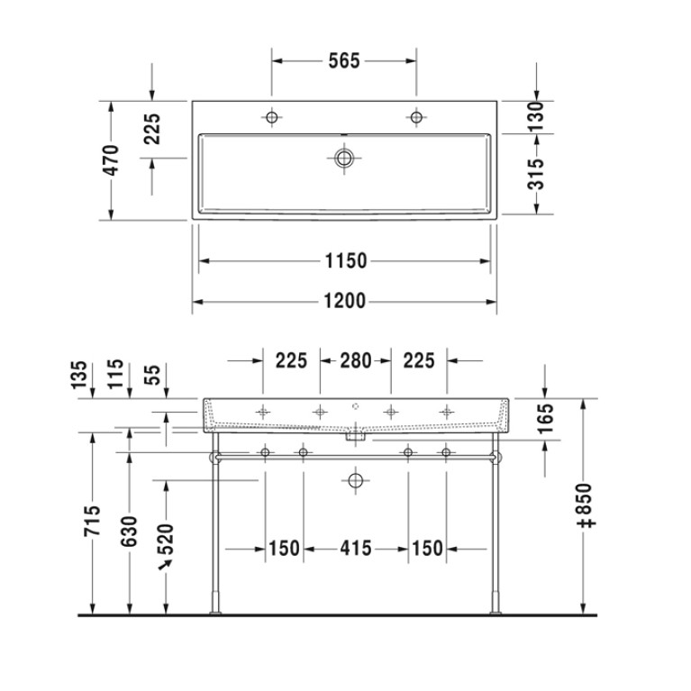 Duravit Vero Air Раковина 120 cm, с переливом, с площадкой, с 2 отв. под смеситель, на столешницу, Цвет белый