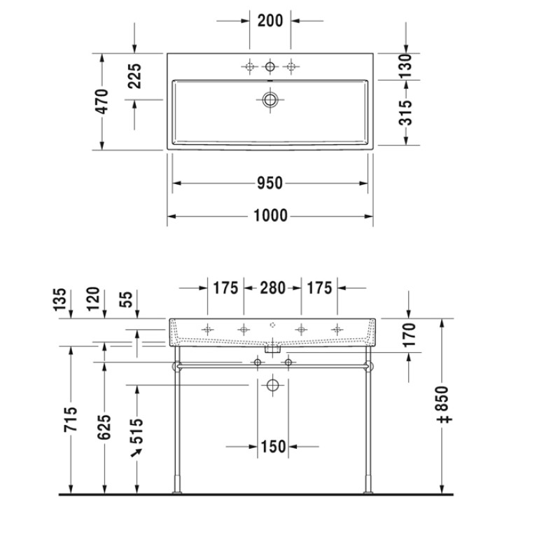 Duravit Vero Air Раковина 100cm,  с переливом, с площадкой, без отв. под смеситель, Цвет белый