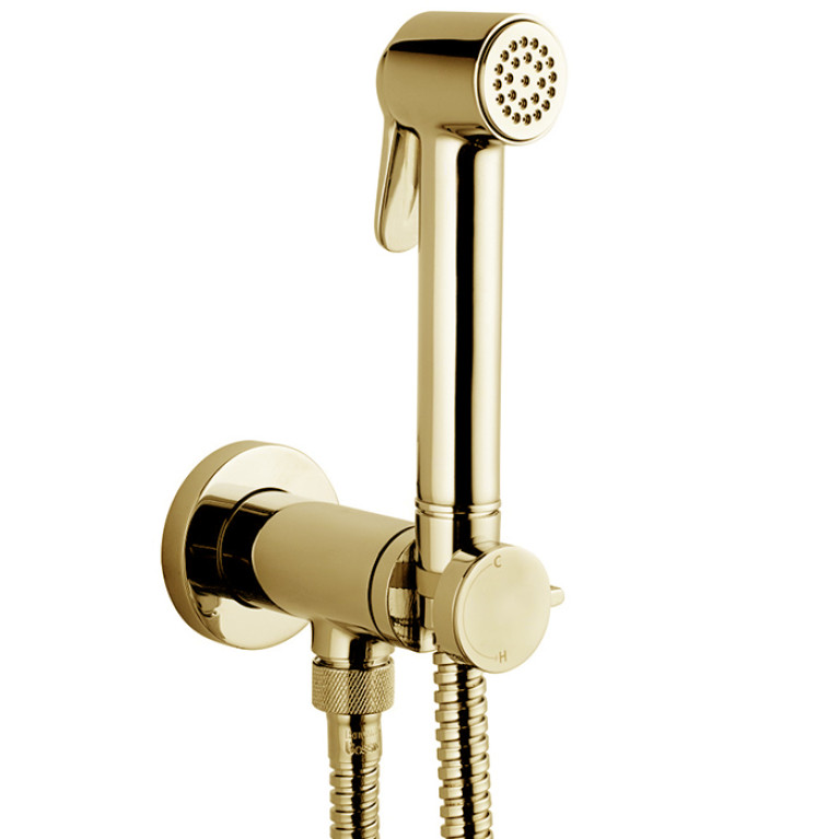 Bossini Paloma Brass  Комплект гигиенический: прогрессивный смесит,лейка с клапаном подачи воды, шланг латунь дв. фальцевания 1250 мм, цвет: Gold PVD