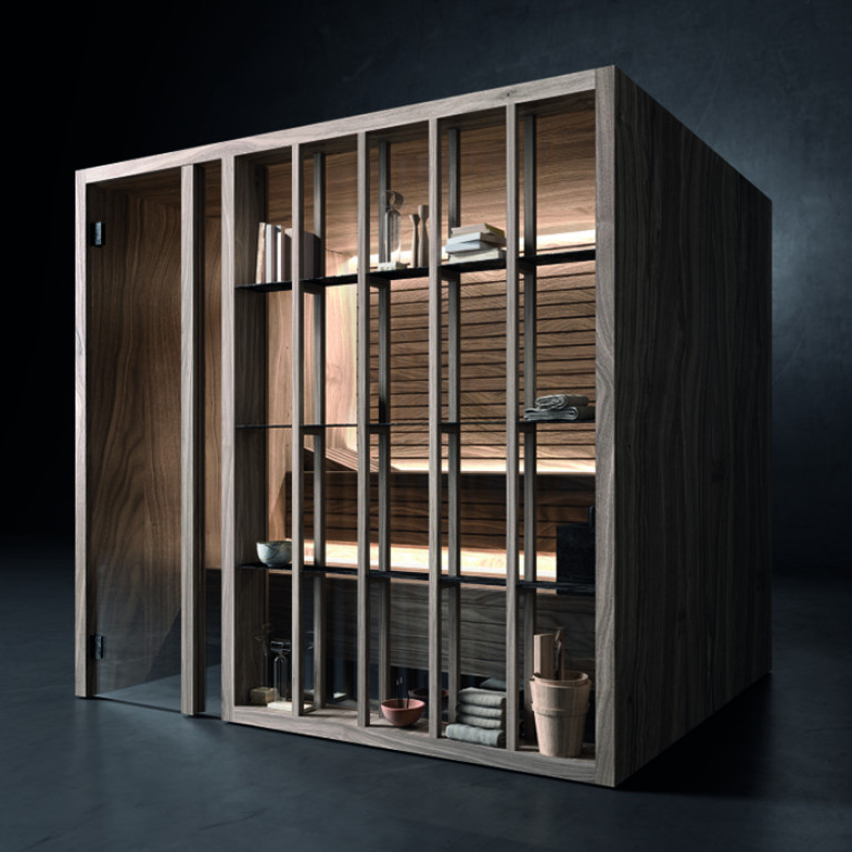 Effegibi Yoku H Shelf Хаммам 174x170h214см, угловая Dx, цвет: осина термообработанная/Calacatta Gold Extra