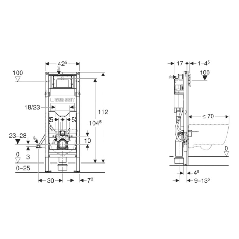 Geberit Duofix Инсталляция для подвесного унитаза, 112 см, узкая 42,5 см, со смыв. бачком скрытого монтажа Sigma 12 см, для ММГН (замена 111.350.00.5)
