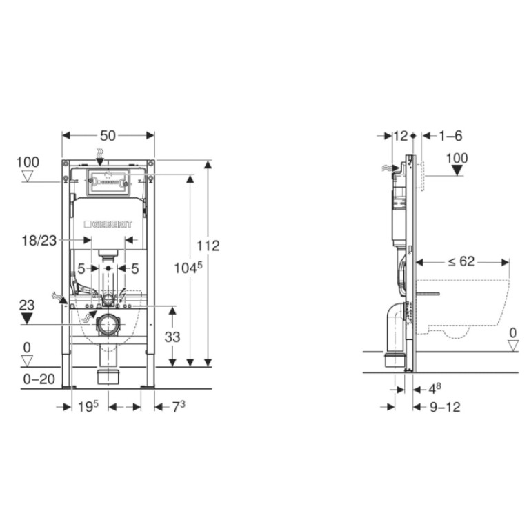 Geberit Duofix Инсталляция для подв. унитаза, 112 см, со смыв. бачком Delta 12 см, с креп., клавиша Delta20, квадр.: Глянц. хром (замена 458.163.21.1)